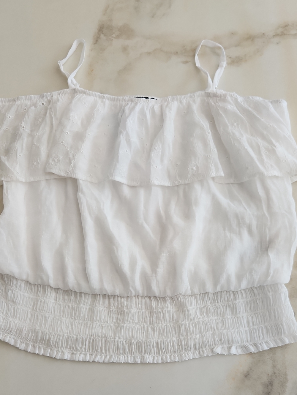 BCX White Eyelet Ruffle Smocked Summer Top